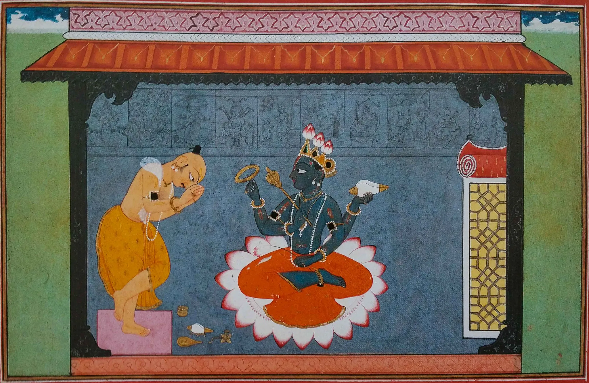Jayadeva pay homage to vishnu with Dasavatara in background by manaku from gita govinda series, 1730